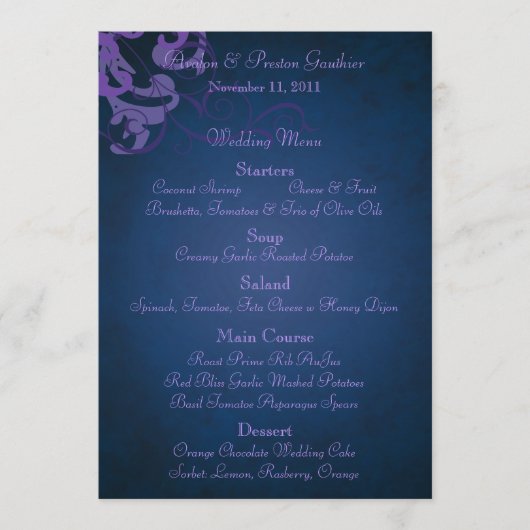 Noble Paars Scroll Blue Wedding Menu (Voorkant)