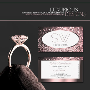 Noble Roos Roze en Wit Sparkle Glitter Monogram Visitekaartje