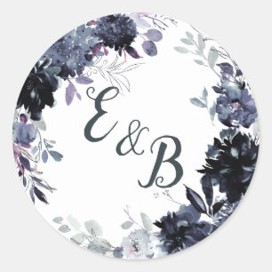 Nocturnal Bloemen Navy Blauwe krans Monogram Bruil Ronde Sticker