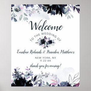 Nocturnal Floral Navy Blue Wedding Welcome Sign Poster