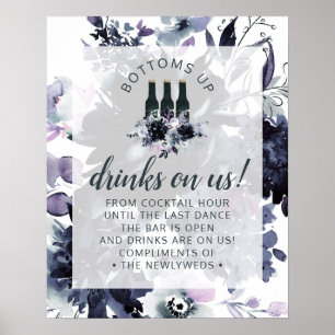 Nocturnal Floral Navy Wedding Open Bar Teken Poster