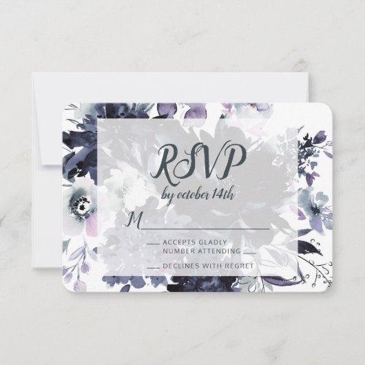 Nocturne Floral Dusty Blue Wedding Réponse RSVP (Devant)