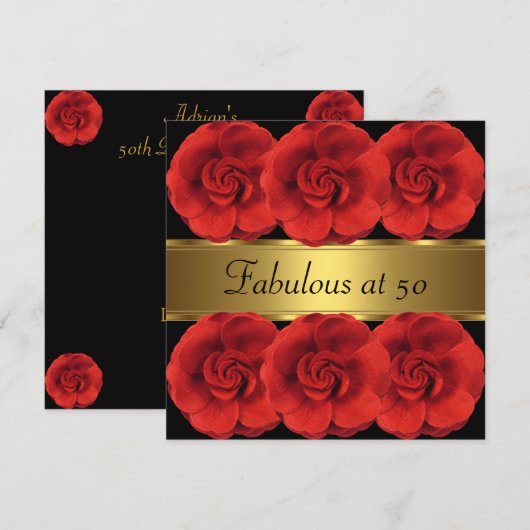 Nodig Red Flowers Black Gold Fabulous 50th Kaart (Voorkant / Achterkant)