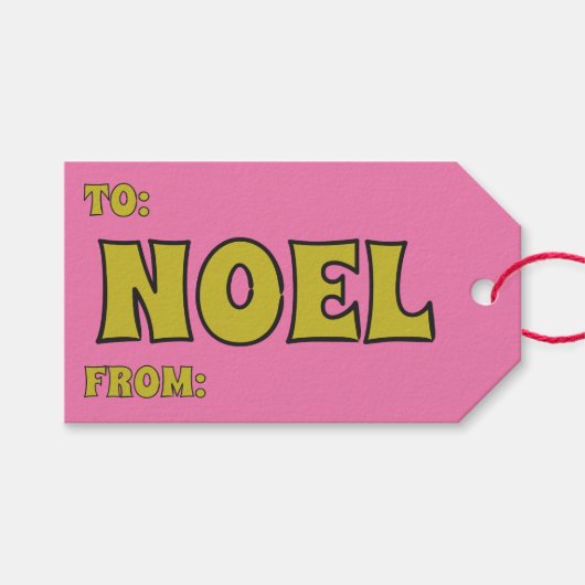 Noel 1970s Retro Lettering Roze en Limoen Kerst Cadeaulabel (Voorkant (Horizontaal))