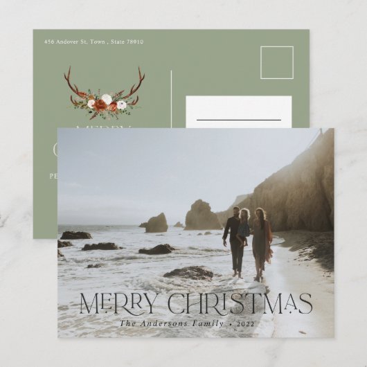 Noël 1 photo botanique cerf floral carte postale (Devant / Derrière)