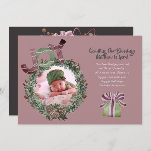 Noël Baby Faire-part de naissance Mauve (Devant / Derrière)