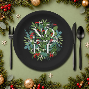 NOEL Berries Greenery Kerstmis Black Papieren Bordje