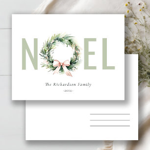 Noel Blush Green Christmas Wreath Waterverf Feestdagenkaart