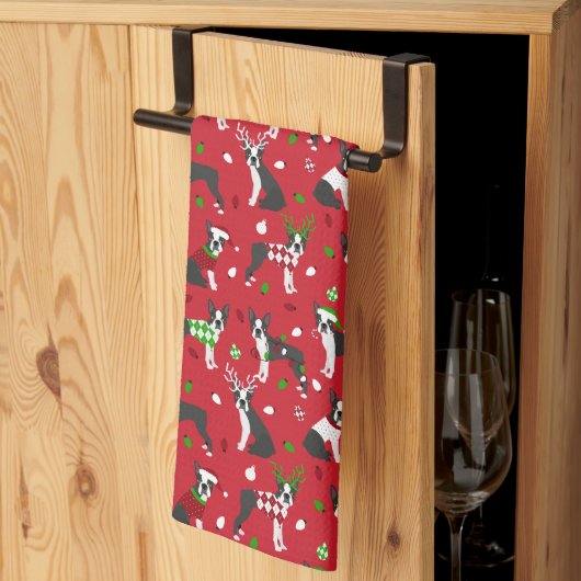 Noël Boston Terrier Serviette de cuisine (Pliage en tiers)