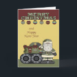 Noël, carte de voeux de l'armée<br><div class="desc">Souhaitez à tous ceux qui sont dans l'armée Joyeux Noël avec une carte avec le Père Noël habillé en tenue de camouflage debout à côté d'un char. Conception par Laurie Schneider/Elements par gribouillis Doodles</div>