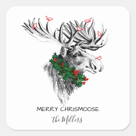 Noël Chrismoose Moose Birds et Holly Sticker (Devant)