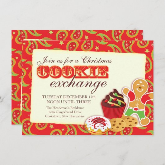 Noël Cookie exchange & étiquette invitation rouge (Devant / Derrière)
