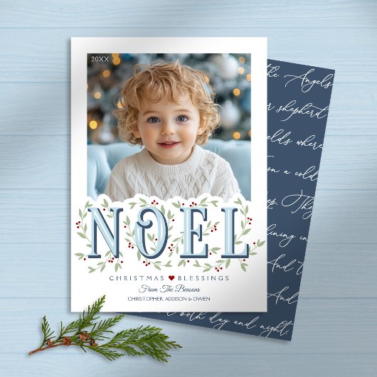 Noel Elegant Blauw Wit Foto Kerst Kaart