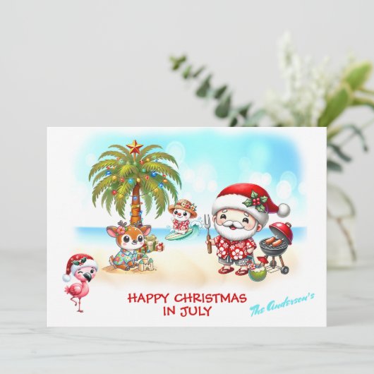 Noël En Juillet Cute Père Noël Summer Carte Noël (Debout devant)