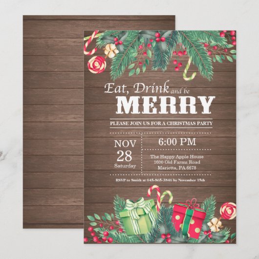 Noël Fête Invitation Bois rustique (Devant / Derrière)