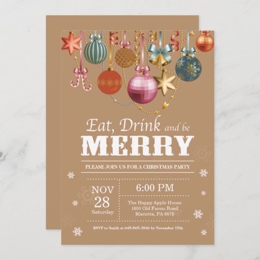 Noël Fête Invitation Manger Boire Joyeux (Devant / Derrière)