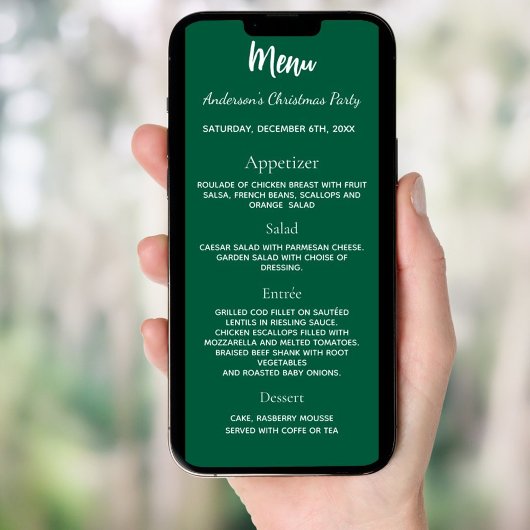 Noël fête verte dîner blanc carte