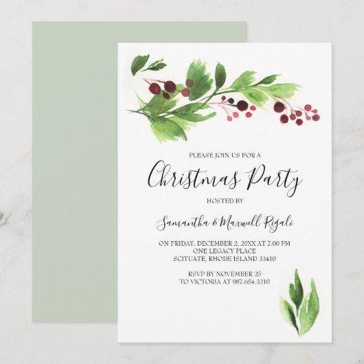 Noël Fonction Invitation Red Berries & Greenery (Devant / Derrière)
