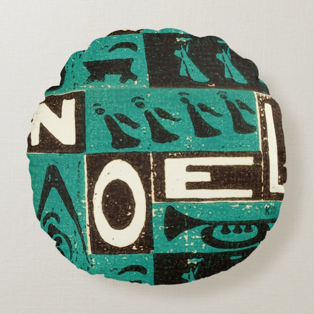 Noel Green Block Print Rond Kussen (Voorkant)