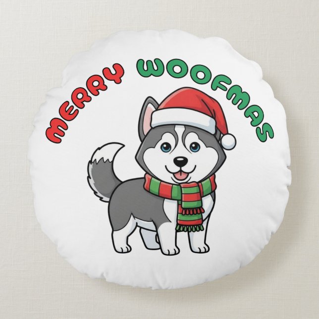 Noël Husky Round Coussin : Joyeux Woofmas (Devant)