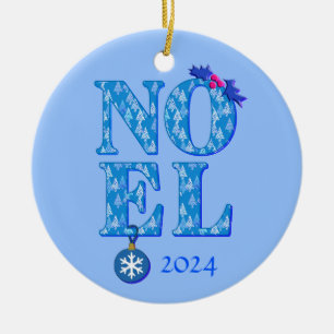 NOEL in een blauw kerstboompatroon Keramisch Ornament