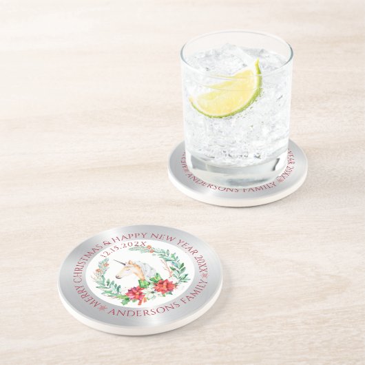 Noël licorne argent et blanc dessous de verre fron (Côté)