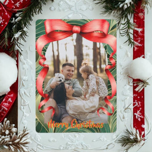 Noël Photo Carte Élégante Ruban Rouge avec Verdure