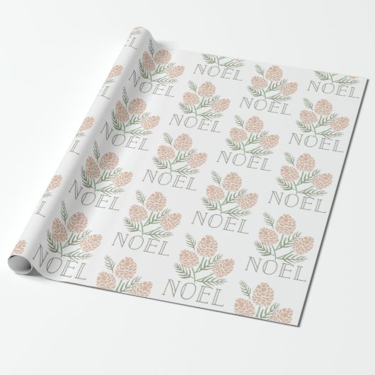 NOEL Pine Cone Pattern White Cadeaupapier (Uitgerold)