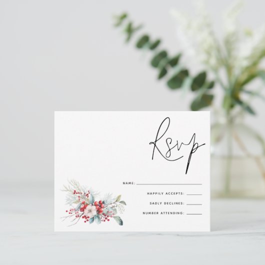 Noël Poinsettia Berries Script Wedding RSVP (Debout devant)