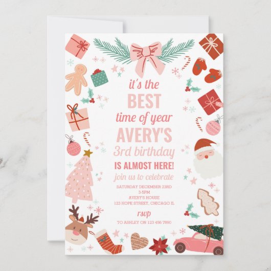 Noël rose Fille Fête Anniversaire Invitation (Devant)