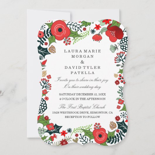 Noël Rouge & Vert Floral Invitations de mariage (Devant)