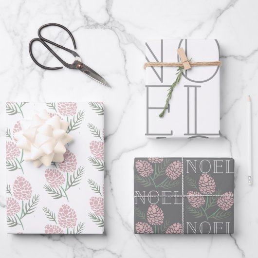 NOEL Roze Pine Cone Patroon Wit & Grijs Inpakpapier Vel (Voorkant)
