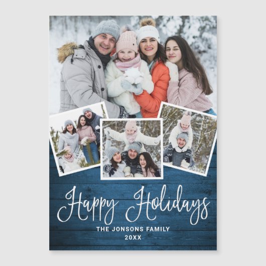 Noël Rustique Bleu Bois 4 PHOTO Carte magnétique (Devant)