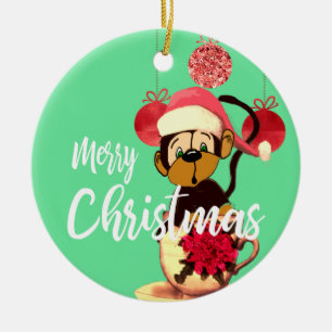 Noël Singe Vert Rouge Cute en céramique Ornement