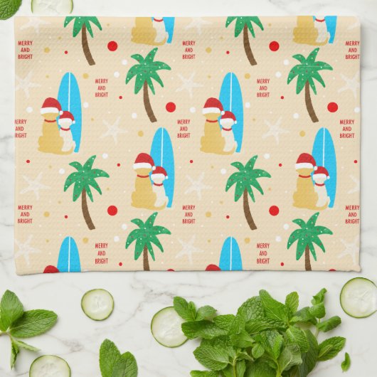 Noël Surf Père Noël Chiens Serviette de cuisine (Plié)