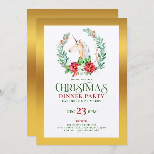 Noël unicorn or accent dîner invitation (Devant / Derrière)