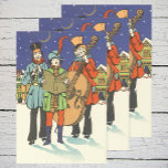Noël Vintage, Musiciens en train de chanter<br><div class="desc">Illustration vintage Joyeux Noël design avec un groupe de personnes jouant des instruments et chantant des chants de Noël la nuit. Ce groupe de musiciens comprend un homme dans un casquette qui joue du violoncelle musical et un autre qui joue de la clarinette et l'homme au milieu qui tient un...</div>