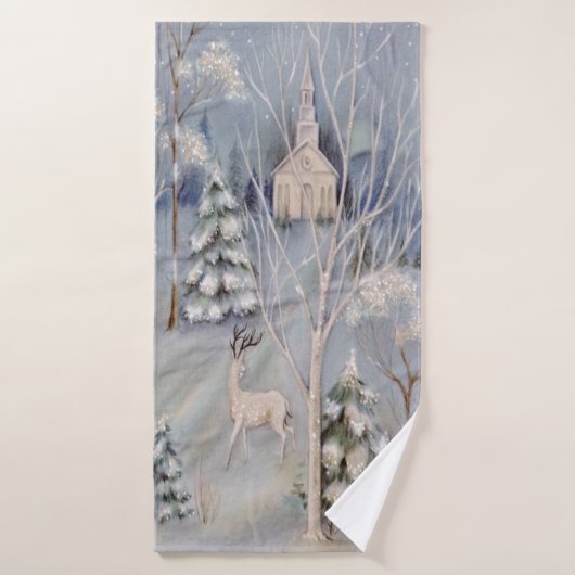 Noël White Church Deer Sparkings Neige (Serviette de bain)