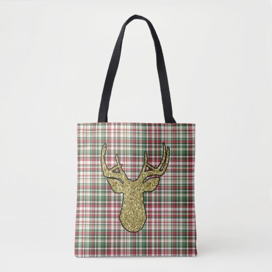 Noël XMAS Plaid Tartan Gold Deer Sac fourre-tout (Devant)