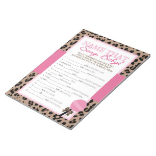 Noem dat liedje luipaard en roze Baby shower spel Notitieblok