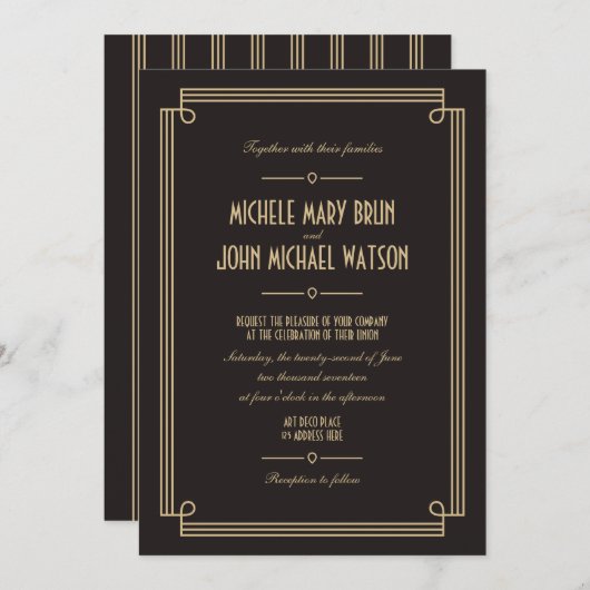 Noeud Art Déco Faire-part de mariage sombre rétro (Devant / Derrière)