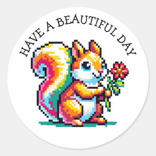 Nog een mooie dag | Pixel Art Eekhoorn Ronde Sticker (Voorkant)