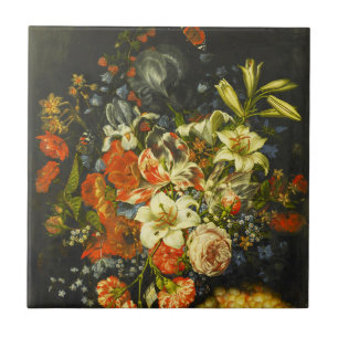 Nog steeds leven met bloemen en fruit tegeltje