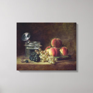 Nog steeds leven met een mandje perziken canvas afdruk