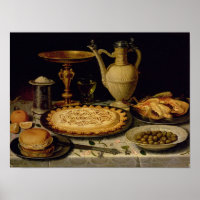Nog steeds leven met een tart, kip, brood en olijv