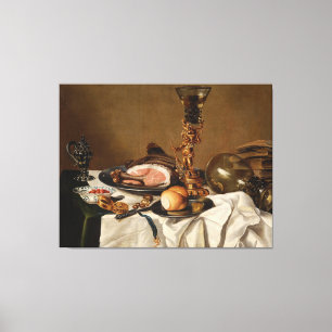 Nog steeds leven met ham, boeken en sierschepen canvas afdruk