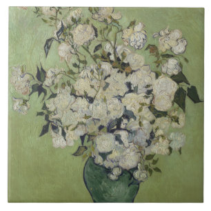 Nog steeds roze rozen in een vaas van Van Gogh Tegeltje