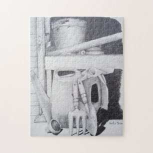 nog te gebruiken tekening van tuinwerktuigen voor  legpuzzel