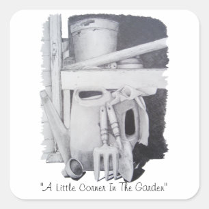 nog te gebruiken tekening van tuinwerktuigen voor  vierkante sticker