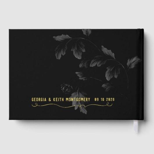 Noir Acanthus Leaf Gold Script Mariage élégant (Verso)